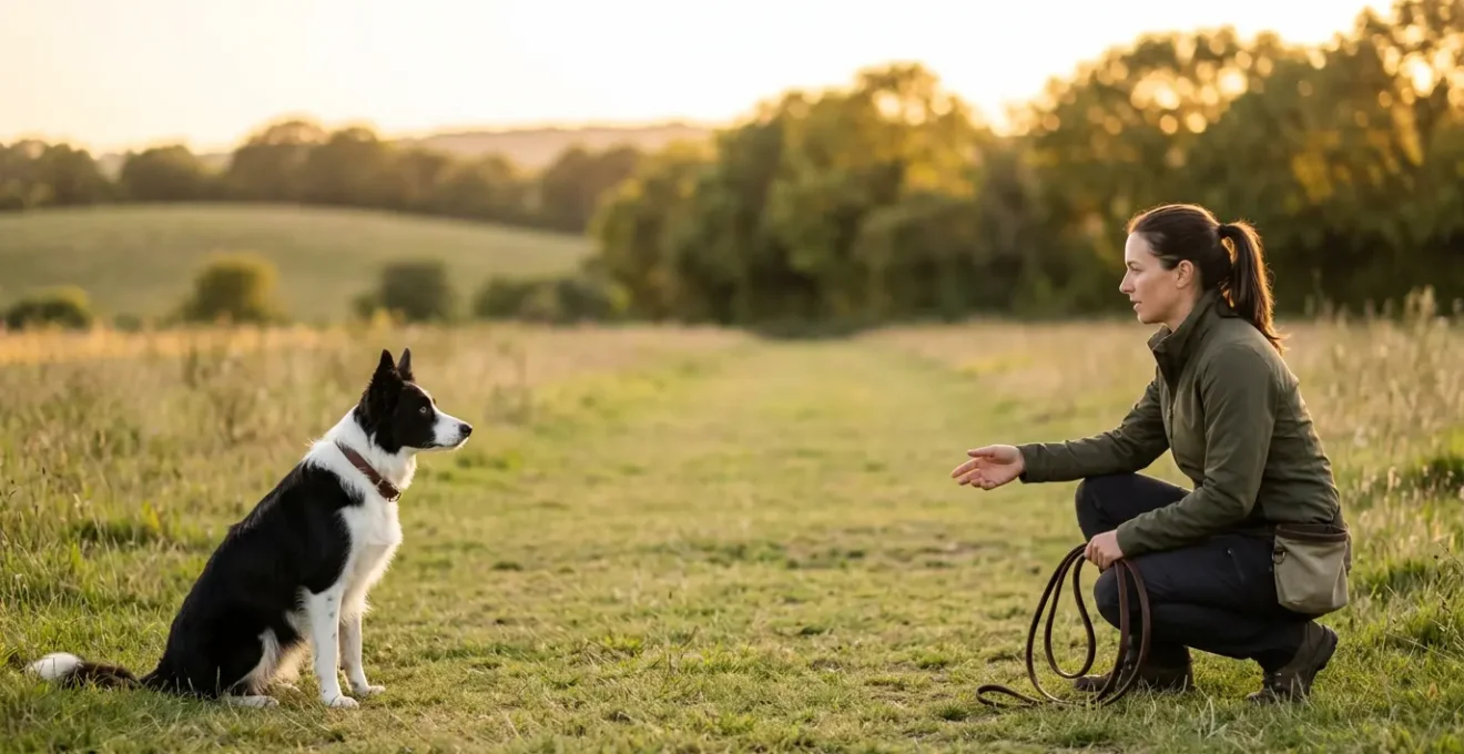 Professional dog trainer demonstrating operant conditioning principles with a focused border collie