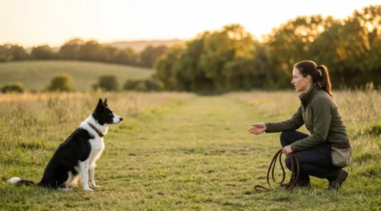Professional dog trainer demonstrating operant conditioning principles with a focused border collie