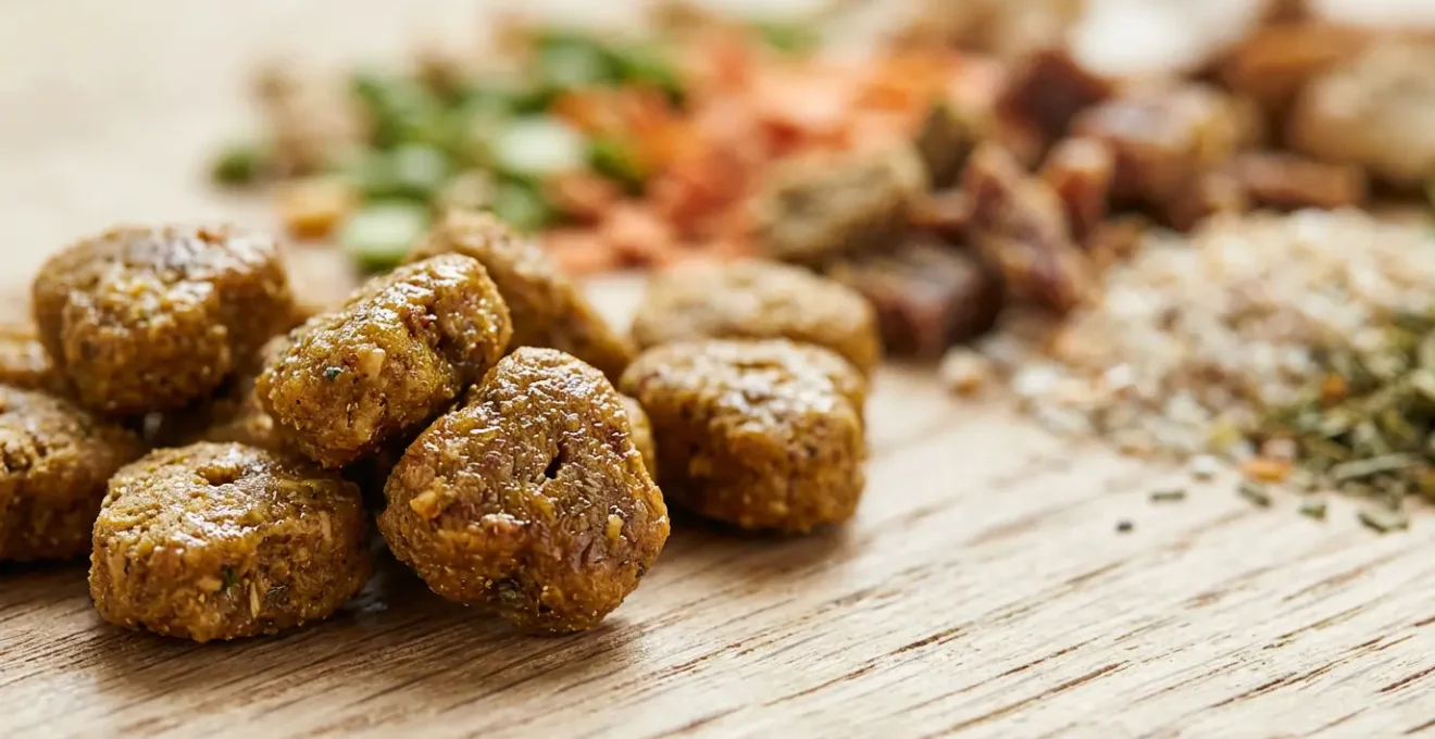 Close-up view of dog food ingredients being examined with focus on quality markers