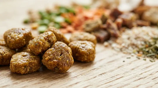 Close-up view of dog food ingredients being examined with focus on quality markers