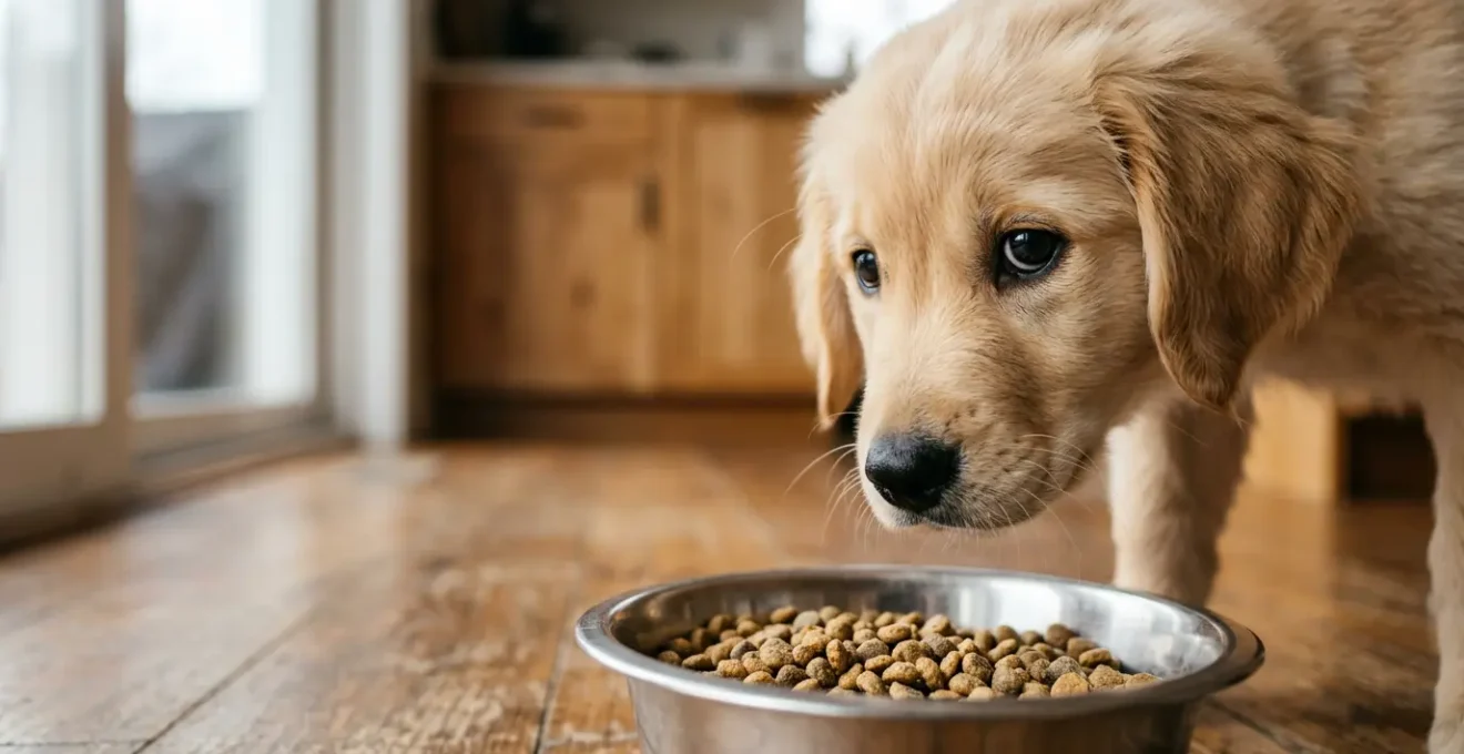 Close-up of a puppy's face with bright eyes looking at nutritious food in a bowl