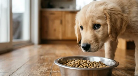 Close-up of a puppy's face with bright eyes looking at nutritious food in a bowl