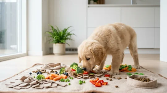 Young puppy discovering various food textures on a snuffle mat in natural lighting