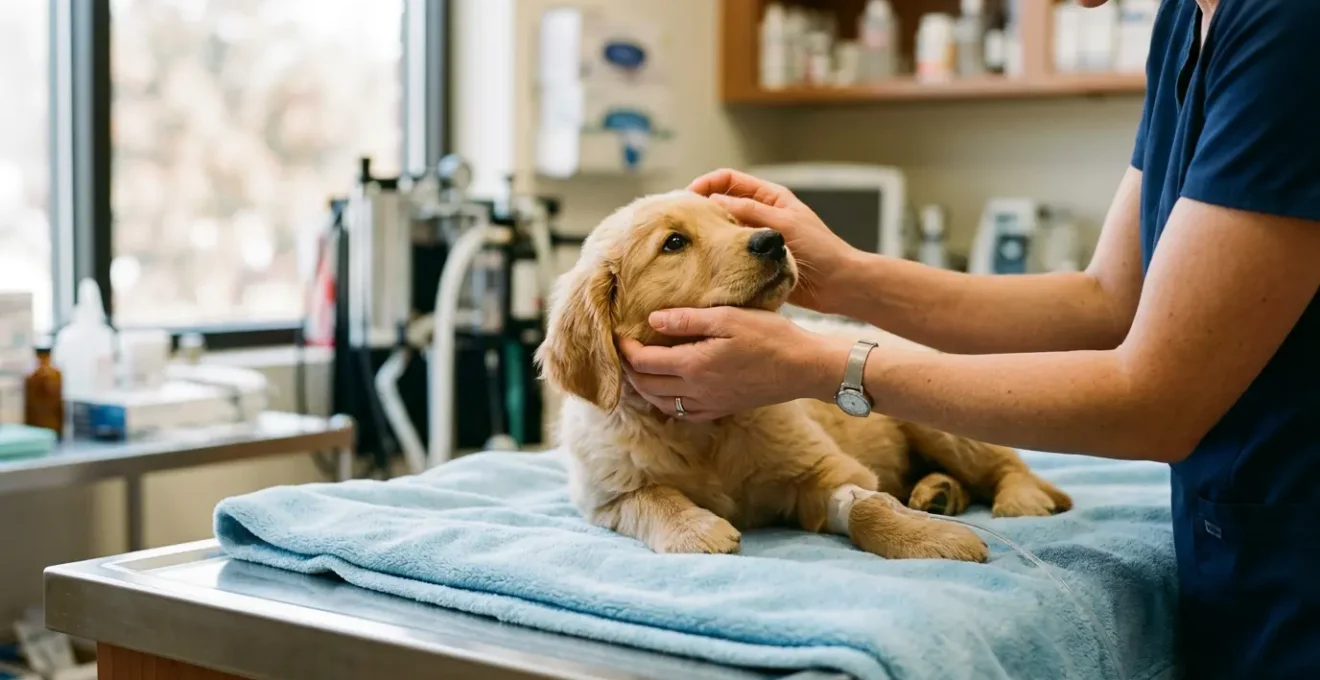 A young puppy receiving veterinary care and IV fluids during parvovirus treatment recovery