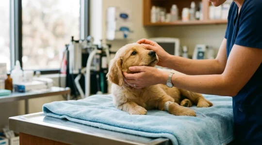 A young puppy receiving veterinary care and IV fluids during parvovirus treatment recovery
