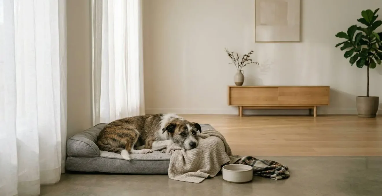 A rescue dog resting peacefully in a cozy corner of a home with soft morning light