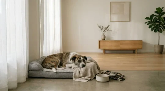 A rescue dog resting peacefully in a cozy corner of a home with soft morning light