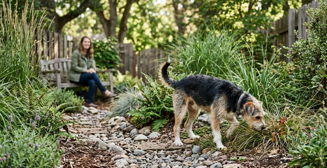 A rescue dog in a peaceful garden environment demonstrating calm body language while being observed by a caregiver