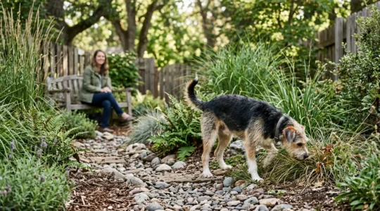 A rescue dog in a peaceful garden environment demonstrating calm body language while being observed by a caregiver