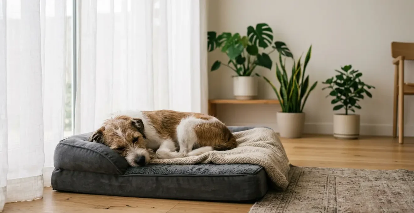 A rescue dog sleeping peacefully in a cozy home environment during recovery from kennel stress