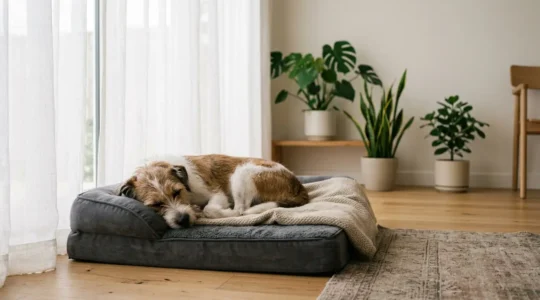 A rescue dog sleeping peacefully in a cozy home environment during recovery from kennel stress