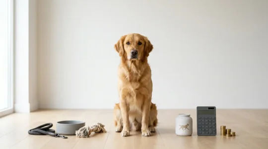 A thoughtfully composed image showing balance between pet care and financial planning