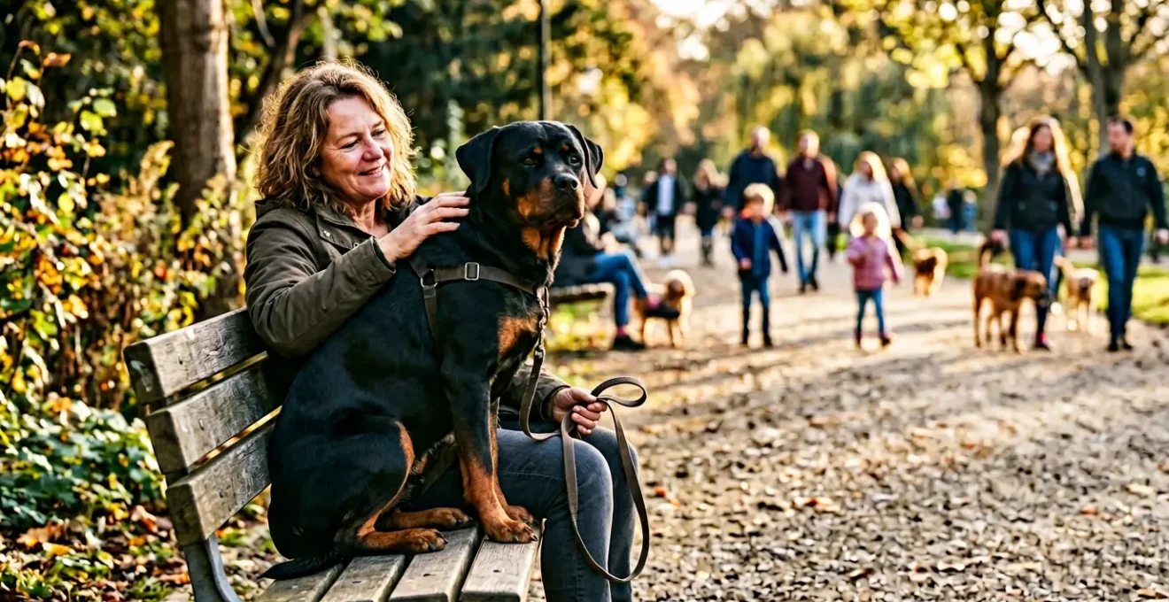Well-socialized Rottweiler interacting positively with family in park setting