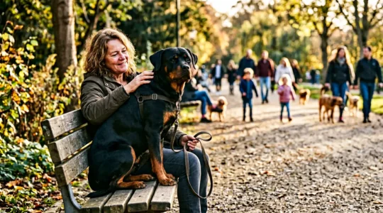 Well-socialized Rottweiler interacting positively with family in park setting