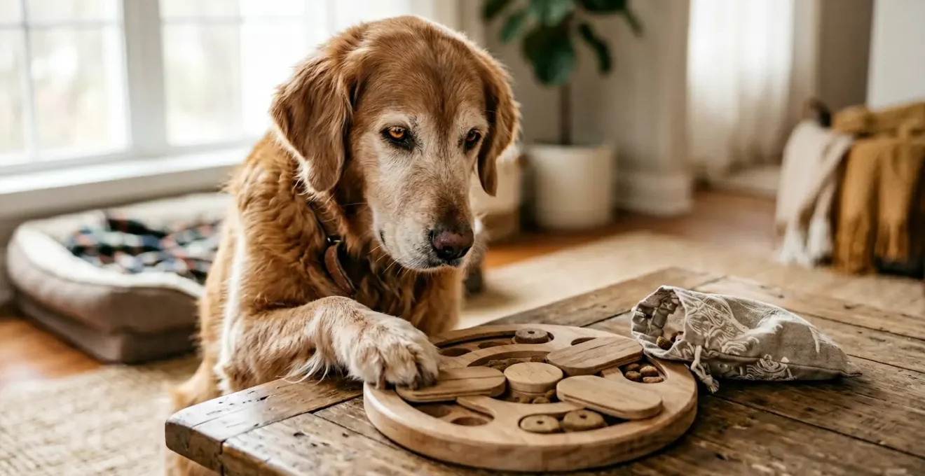 Senior golden retriever focused on solving an interactive puzzle toy with treats, showing mental engagement and concentration