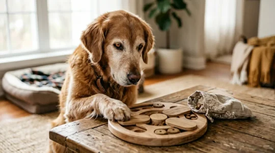 Senior golden retriever focused on solving an interactive puzzle toy with treats, showing mental engagement and concentration