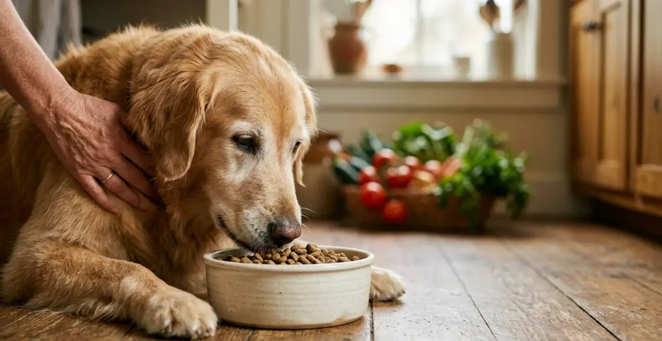 Senior dog enjoying a kidney-friendly meal in a warm kitchen setting