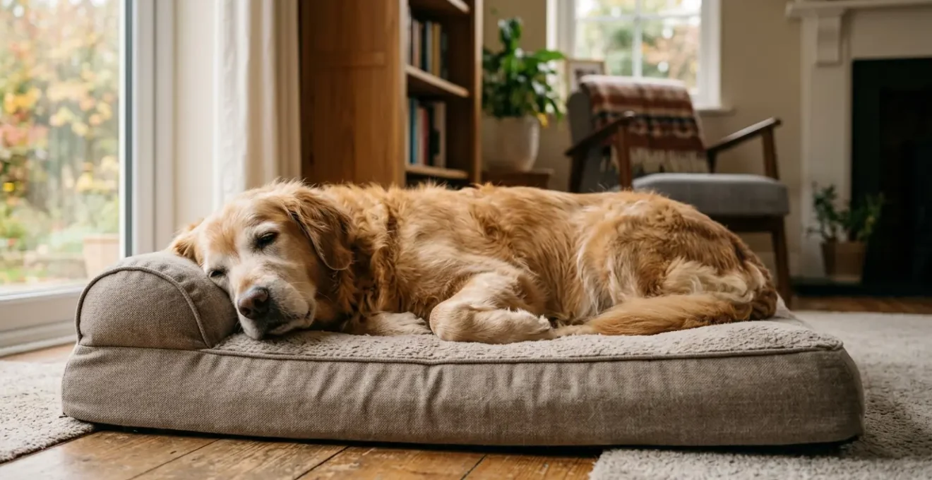 Senior dog peacefully resting on an orthopedic bed in a warm home environment