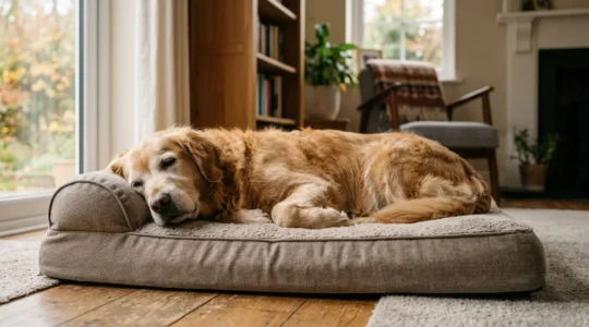 Senior dog peacefully resting on an orthopedic bed in a warm home environment