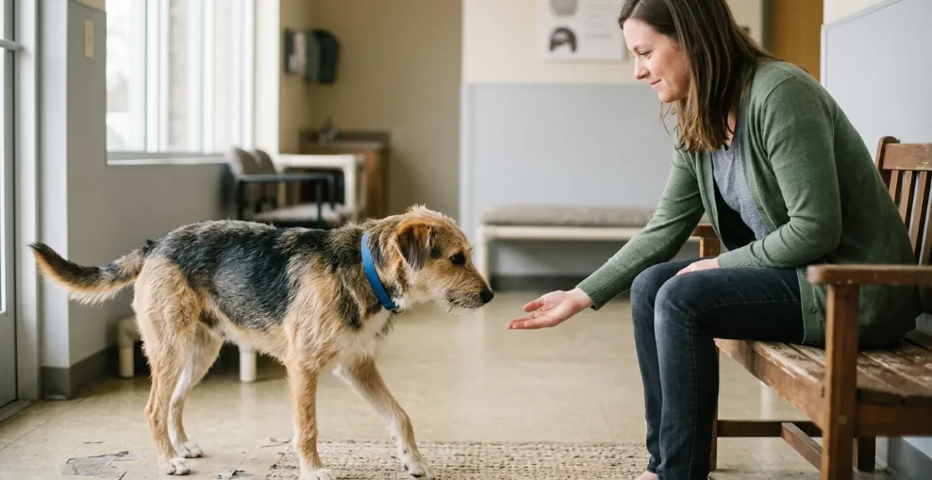 Potential adopter meeting shelter dog in welcoming adoption room