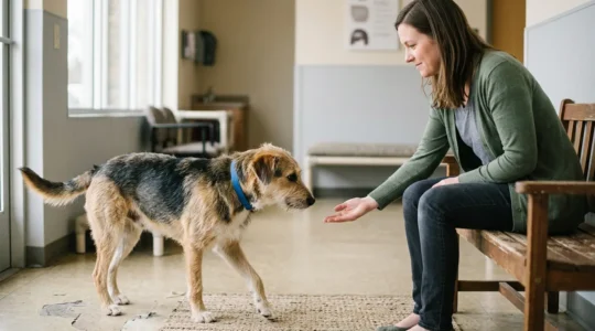 Potential adopter meeting shelter dog in welcoming adoption room