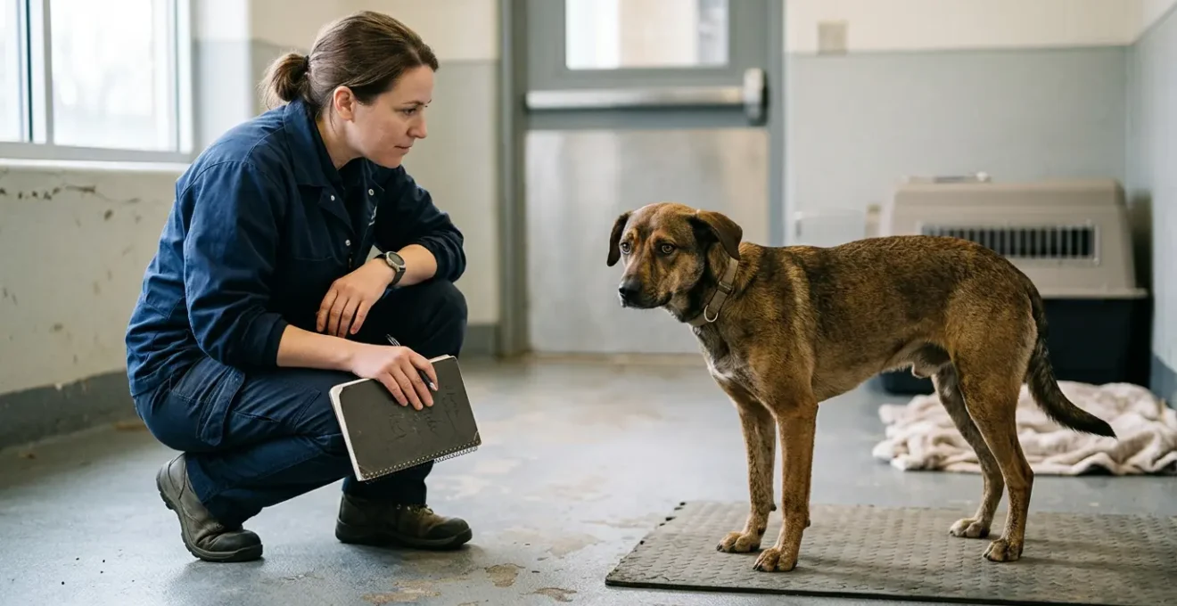 Professional evaluator observing a shelter dog's body language during an assessment