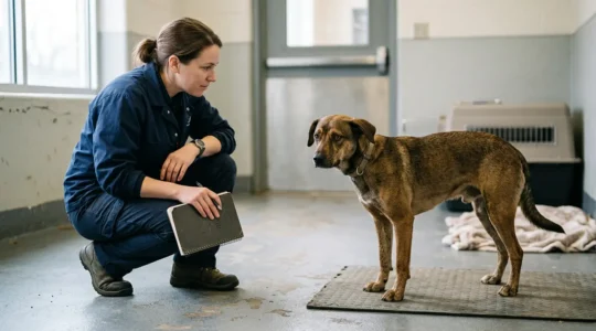 Professional evaluator observing a shelter dog's body language during an assessment