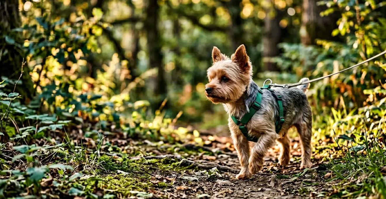 Small breed dog wearing a properly fitted Y-front harness in an outdoor environment, demonstrating safe walking gear