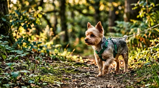 Small breed dog wearing a properly fitted Y-front harness in an outdoor environment, demonstrating safe walking gear