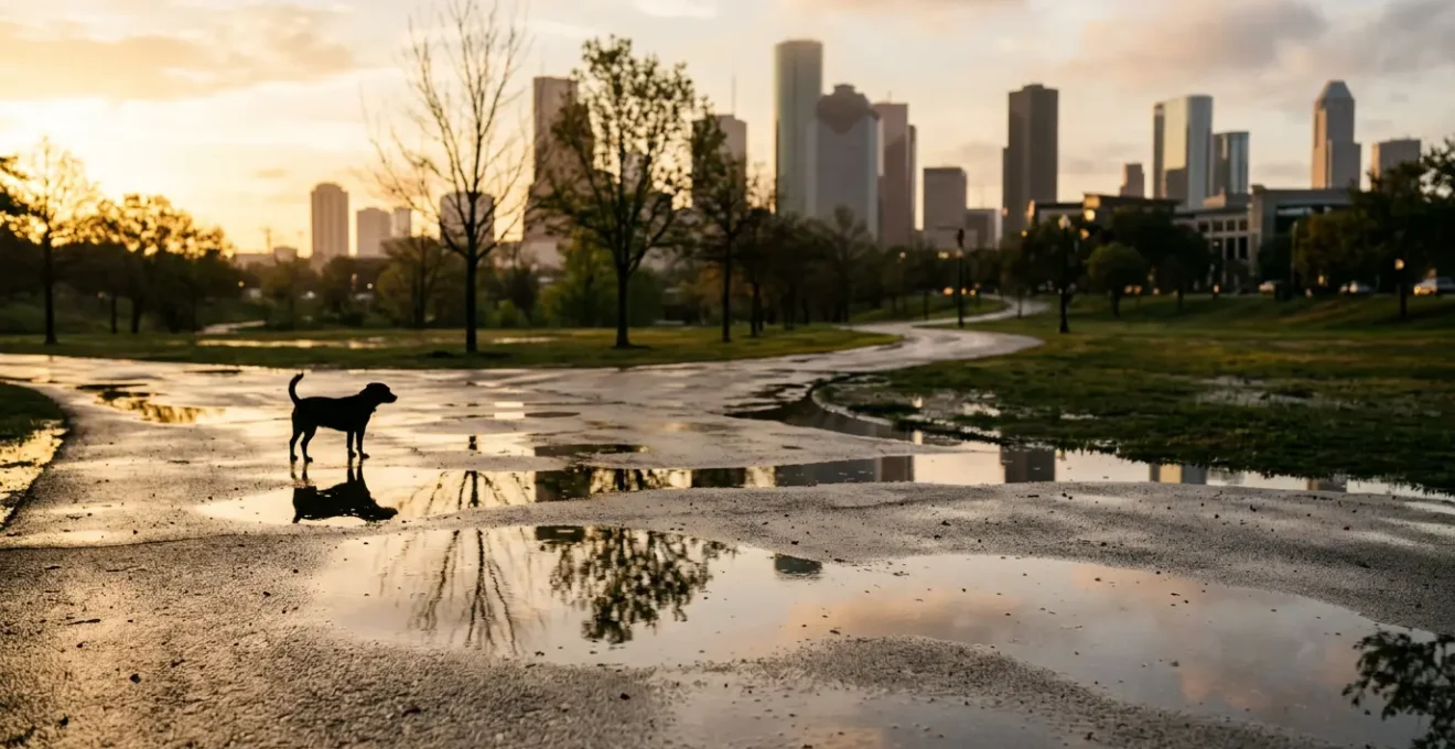 Urban dog near contaminated water source illustrating leptospirosis transmission risk in city environments