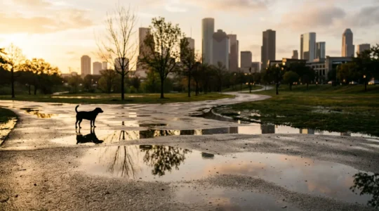 Urban dog near contaminated water source illustrating leptospirosis transmission risk in city environments