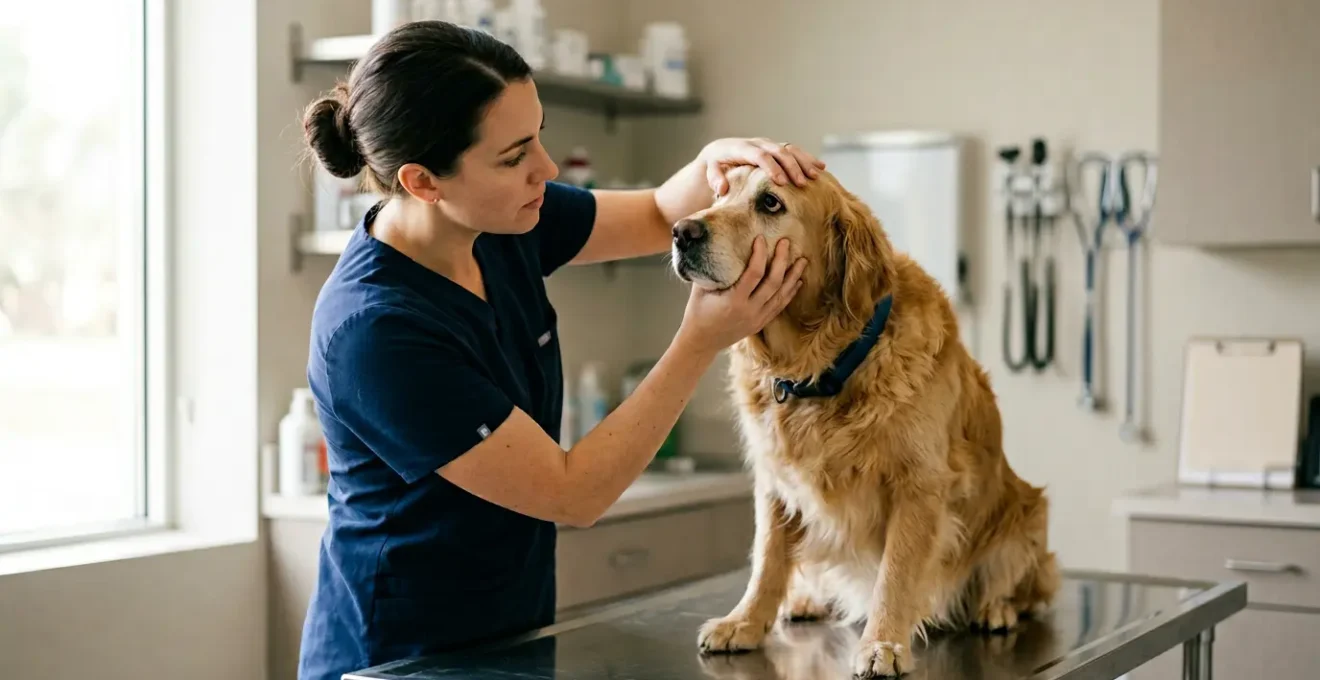 Veterinarian carefully examining a dog's eyes and gums in a bright clinical setting for signs of organ failure