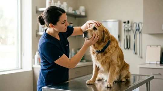 Veterinarian carefully examining a dog's eyes and gums in a bright clinical setting for signs of organ failure