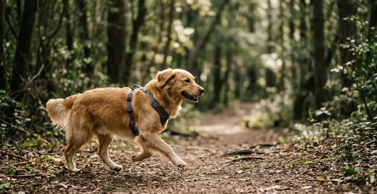 Dog wearing Y-shaped harness showing free shoulder movement during walk