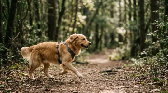 Dog wearing Y-shaped harness showing free shoulder movement during walk