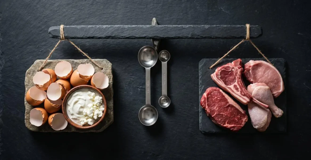A symbolic scale with eggshells on one side representing calcium, and raw meat on the other representing phosphorus, perfectly balanced.