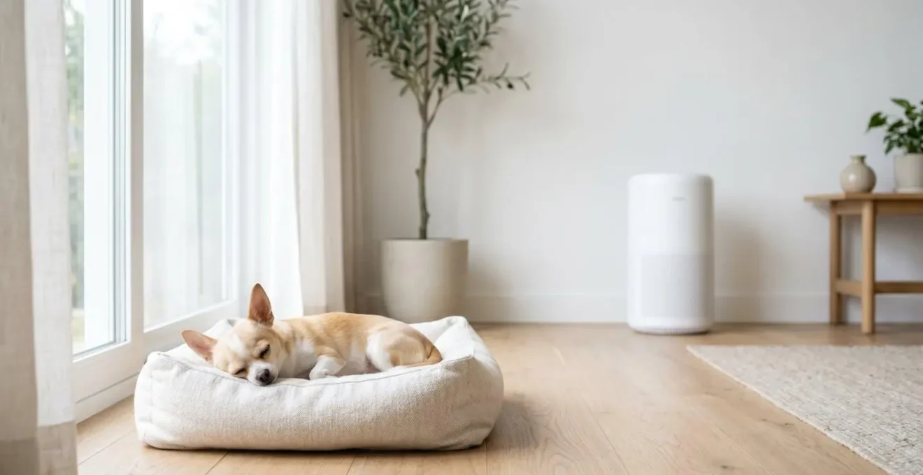 A wide shot of a Chihuahua resting in a clean, minimalist home environment with an air purifier in the background.