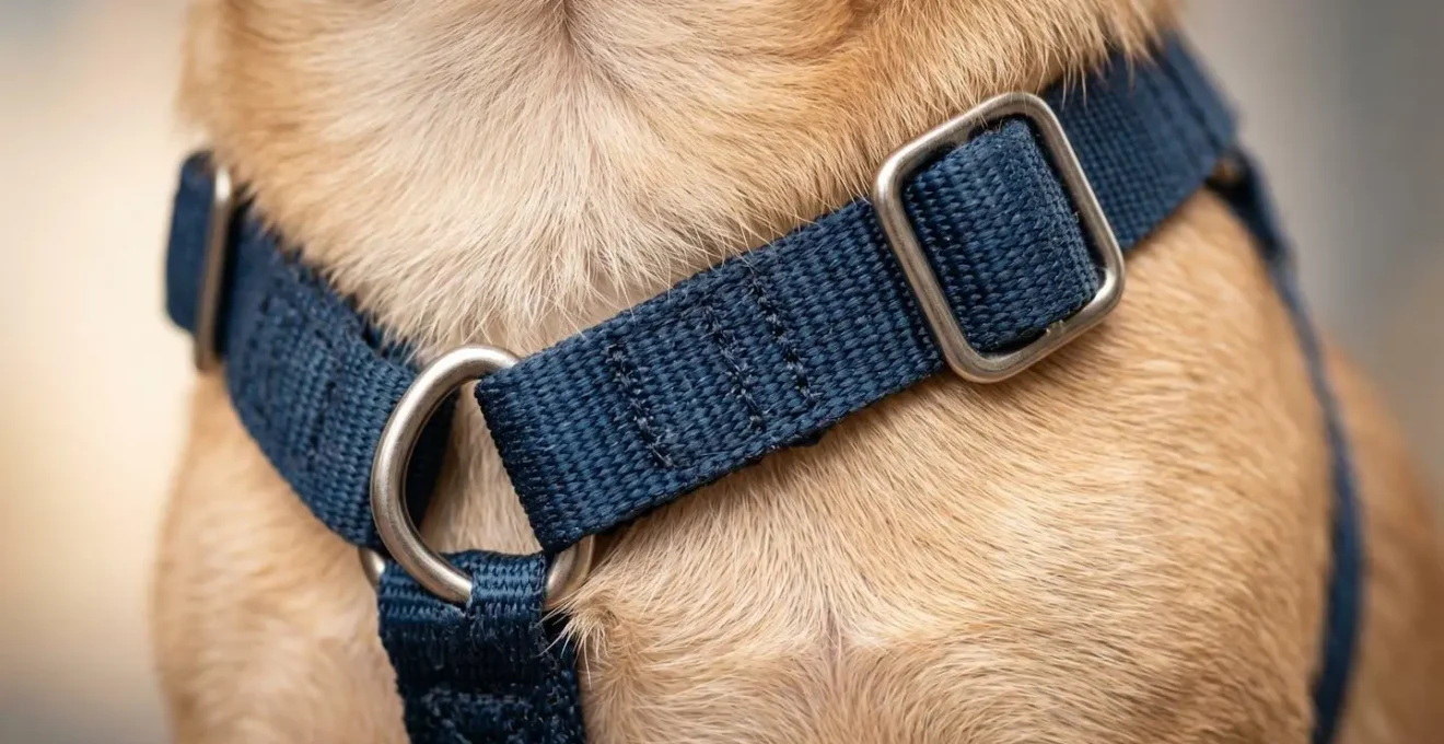 Close-up of a properly fitted harness on a small Chihuahua, showing the straps positioned correctly on the chest and away from the neck.