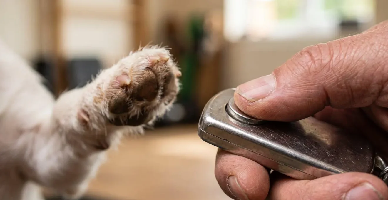 Close-up of trainer's hand with clicker capturing precise moment of dog's paw movement