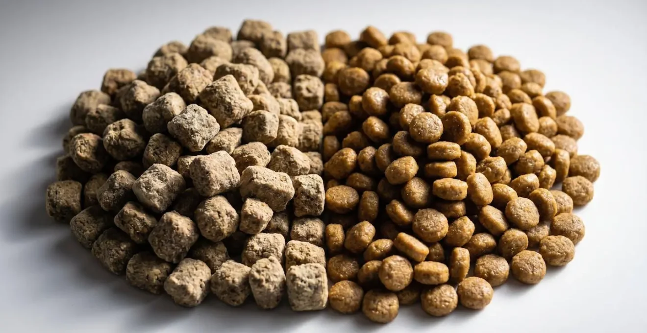 Visual comparison of cold-pressed and extruded dog food kibble textures