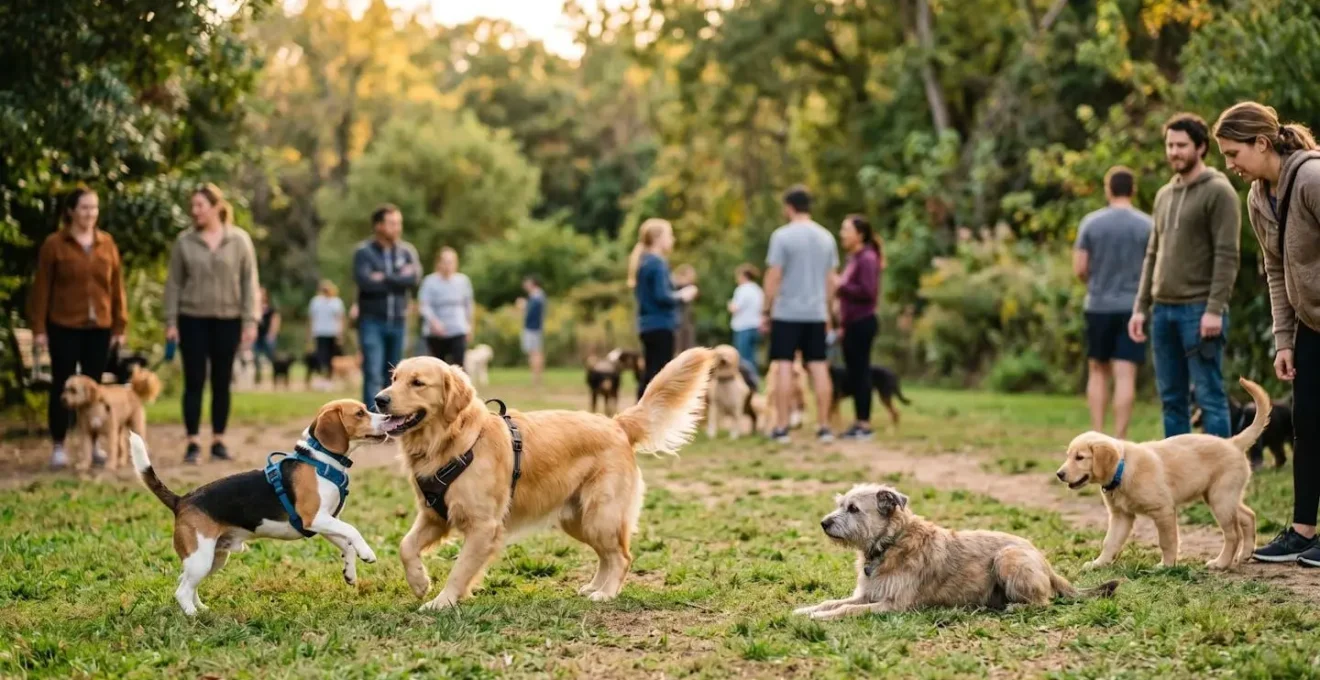 Wide aerial view of a dog park showing multiple dogs playing safely together, demonstrating community protection through vaccination