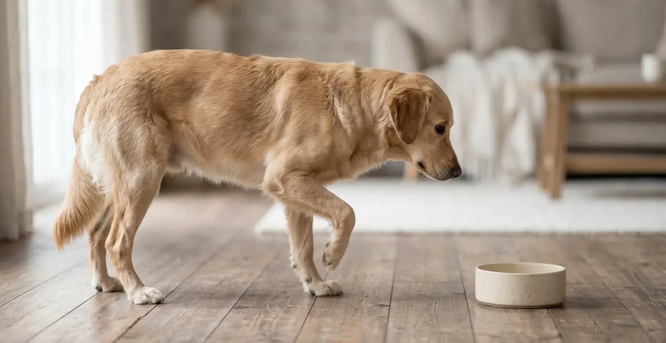 Side view of a hesitant dog displaying stress signals like a tucked tail and raised paw near its food bowl.