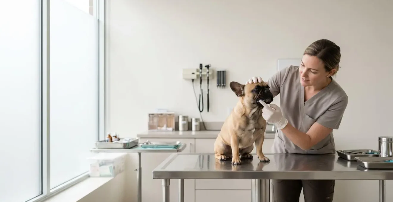 Applying dental gel to a French Bulldog's gums using finger technique