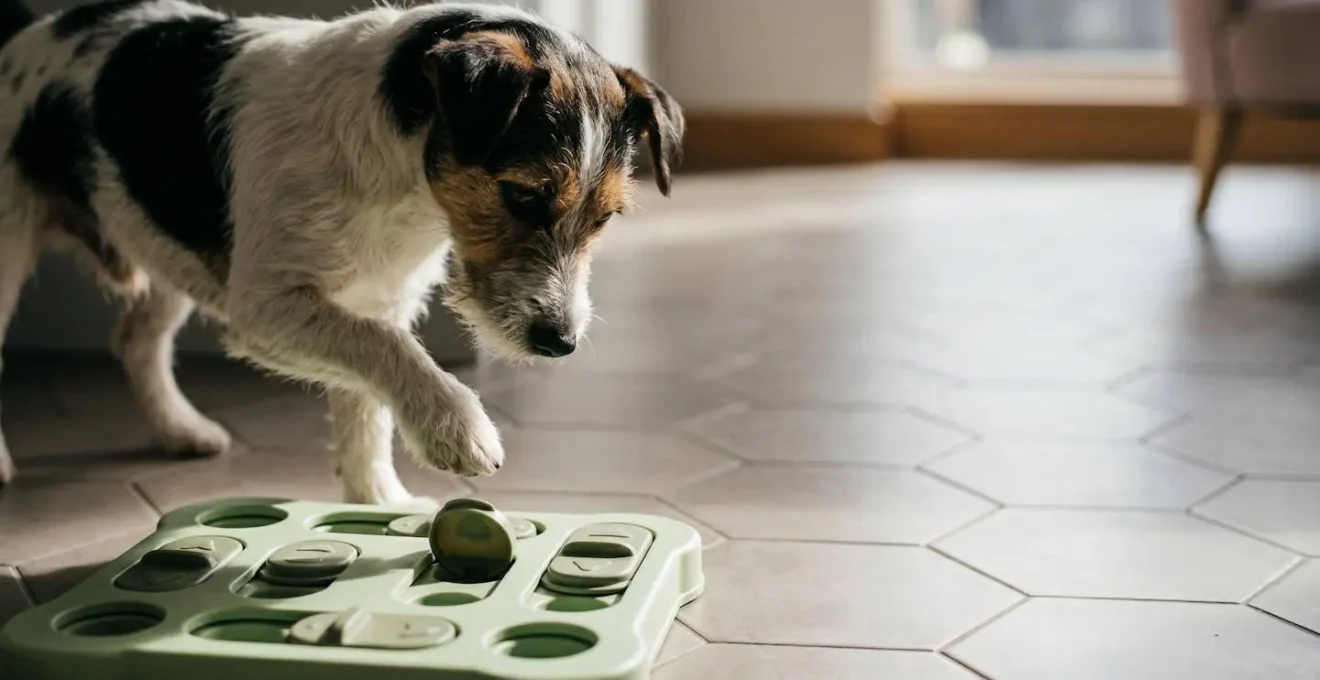 Frustrated terrier pawing at empty food puzzle toy demonstrating extinction burst behavior