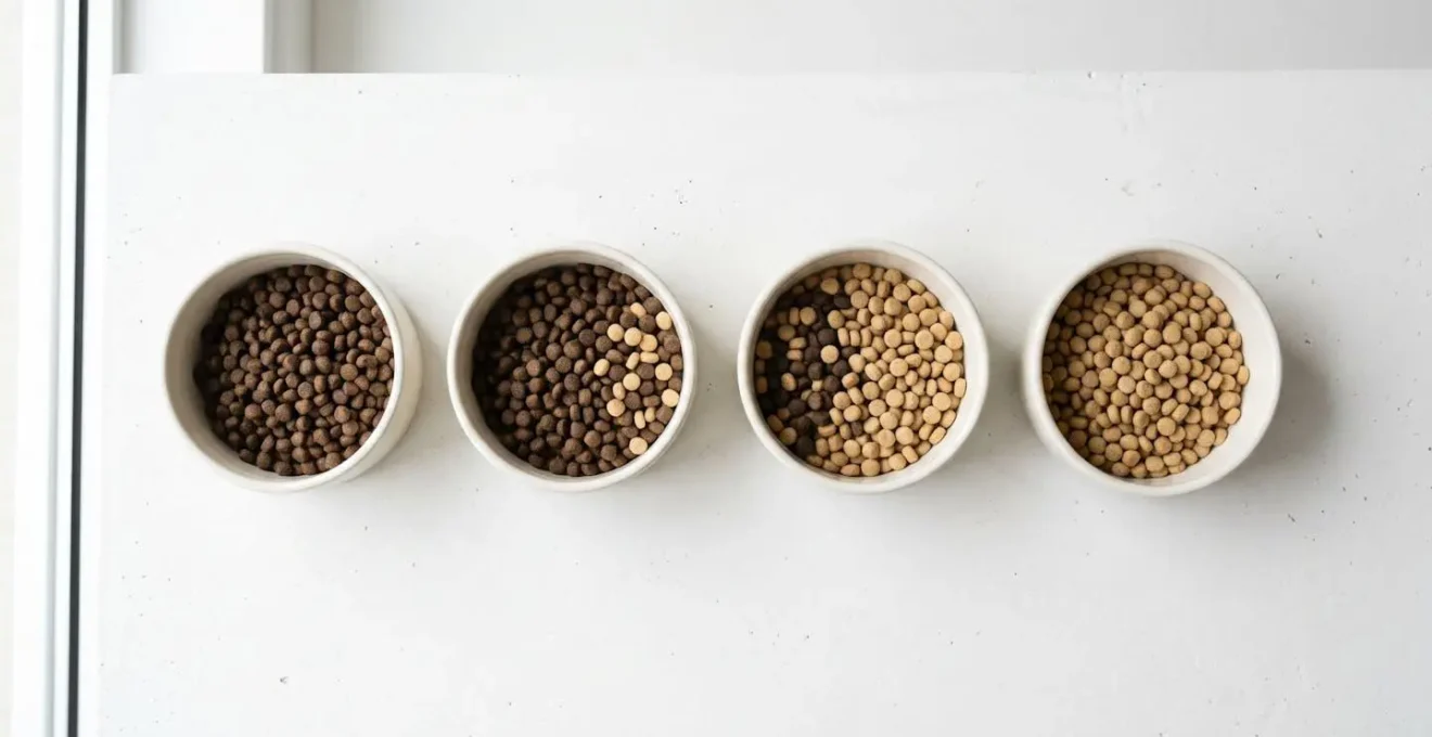 Overhead view of dog food bowls showing gradual kibble transition