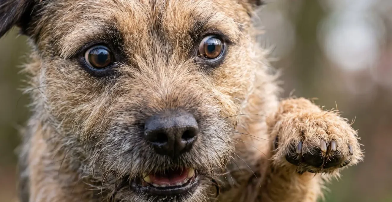 Extreme close-up of a dog's face showing a tense freeze response with visible tension in its facial muscles and wide eyes