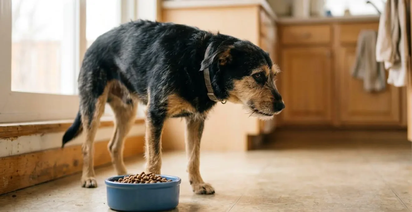 Dog showing subtle signs of dental pain with head turned away from food bowl