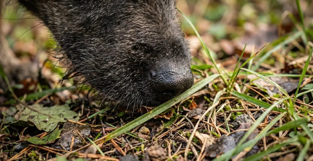 Close-up of a rescue dog's nose exploring ground textures during a decompression walk