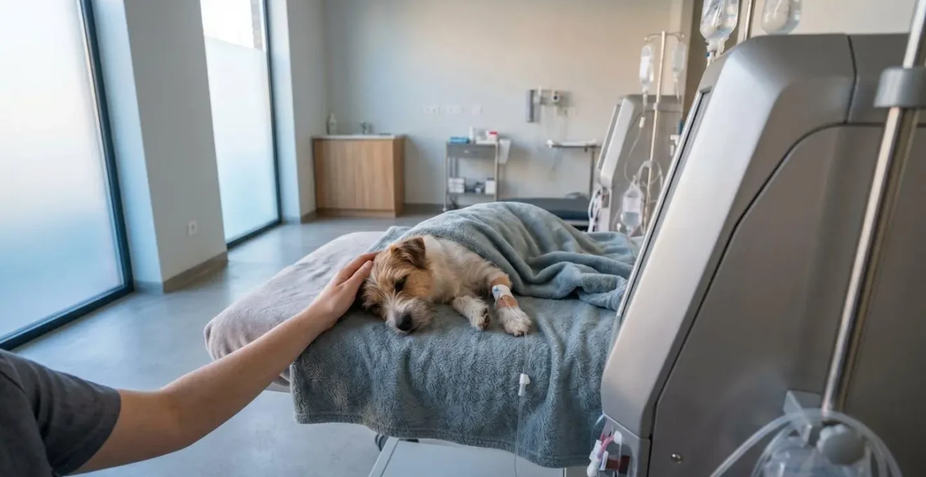 Dog peacefully resting during dialysis treatment in a specialized veterinary facility