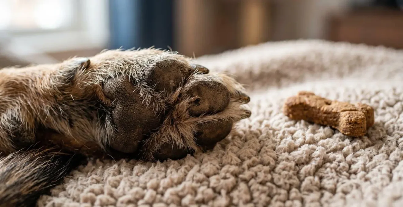 Close-up of a rescue dog's paw on soft bedding showing comfort textures